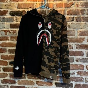 Bape: Sweatshirt hoodie - zip-up front, half Camo, half black